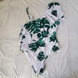 Green Leaf Ruffle Padded One Shoulder Swimsuit